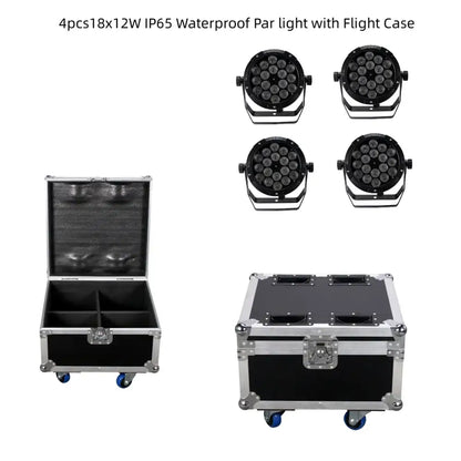 Black and silver flight case with blue wheels for 18x18w rgbwa uv 6in1 led par stage lights holding four ip65 par lights