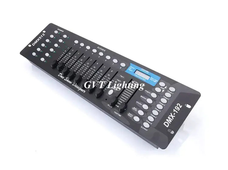 Professional black 192 channel dmx controller with multiple sliders buttons and blue display for dj disco lighting control