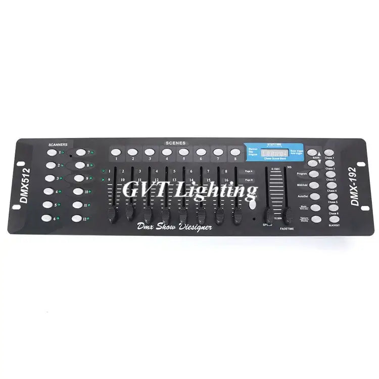 Professional black 192 channel dmx controller with multiple sliders buttons and digital display for dj disco lighting use