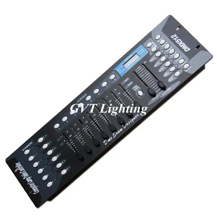 Professional black 192 channel dmx controller with multiple sliders buttons and digital display for dj lighting control