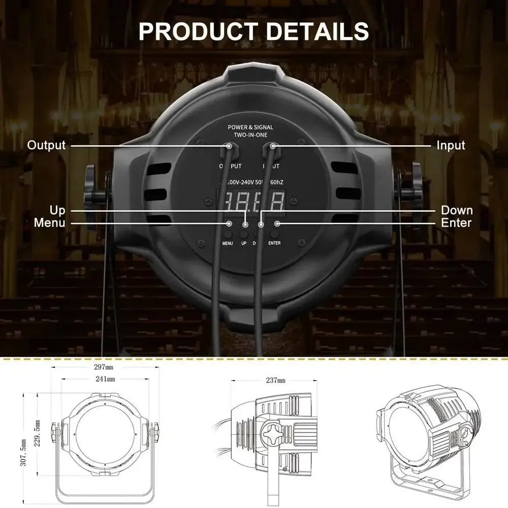 Professional black big dipper led par stage spotlight with digital display and labeled control buttons by decorbites big dipper