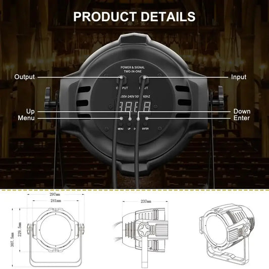 Professional black big dipper led par stage spotlight with digital display and labeled control buttons by decorbites big dipper