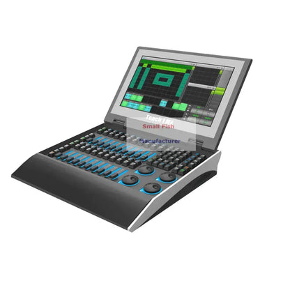 Professional black and silver dmx console lighting control offers a touchscreen display with green interface graphics
