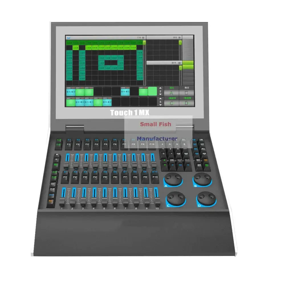 Professional black and blue touchscreen dmx console lighting control with a green and teal interface display