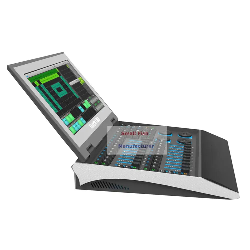 Professional black and silver dmx console with touchscreen display and green interface elements for lighting control