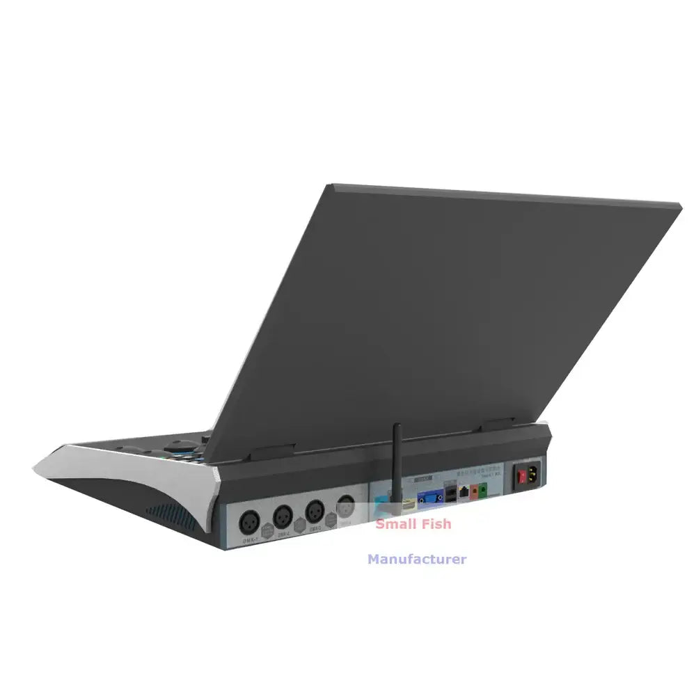 Professional black and blue touchscreen dmx console lighting control with portable black and silver monitor and hinge design