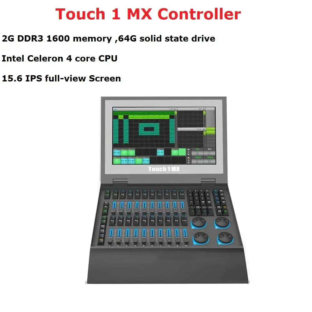 Professional black and blue dmx console featuring a 15.6-inch ips touchscreen with blue-lit lighting control knobs and sliders