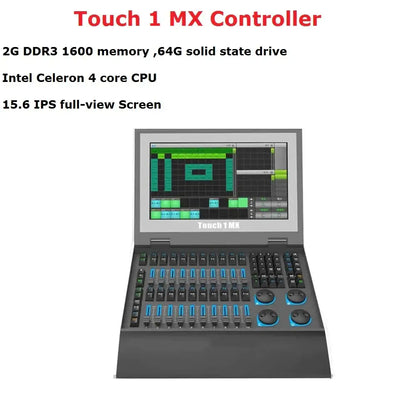 Professional black and blue dmx console featuring a 15.6-inch ips touchscreen with blue-lit lighting control knobs and sliders