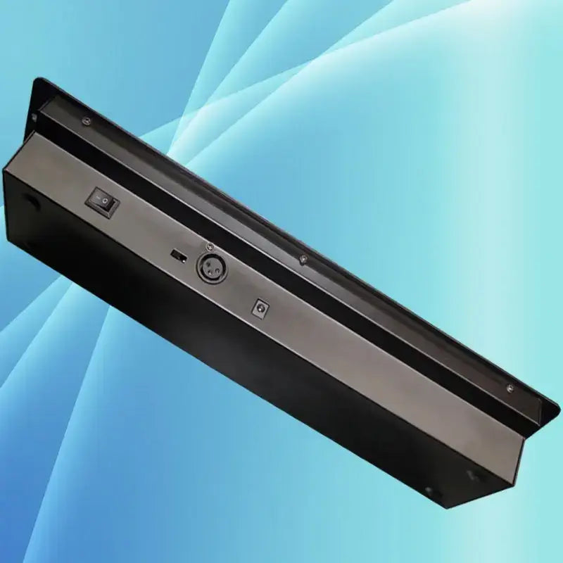 Professional black dmx controller for stage lighting with sleek rectangular metal edge sensor and multiple control ports backside view