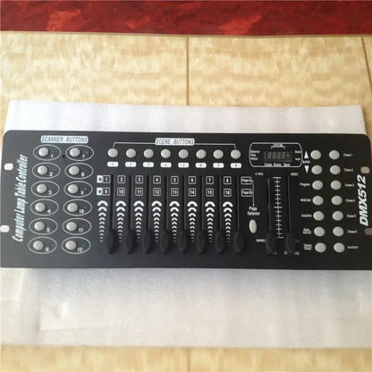 Professional black dmx controller with silver buttons and sliders for stage lighting and moving head spotlights
