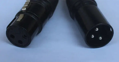 Professional black shielded dmx cables with black xlr connectors featuring metallic pins and threaded locking for stage lighting