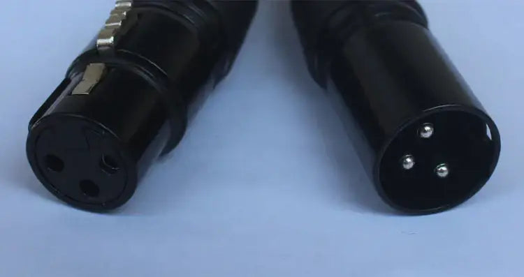 Professional black shielded dmx cables with black xlr connectors featuring metallic pins and threaded locking for stage lighting