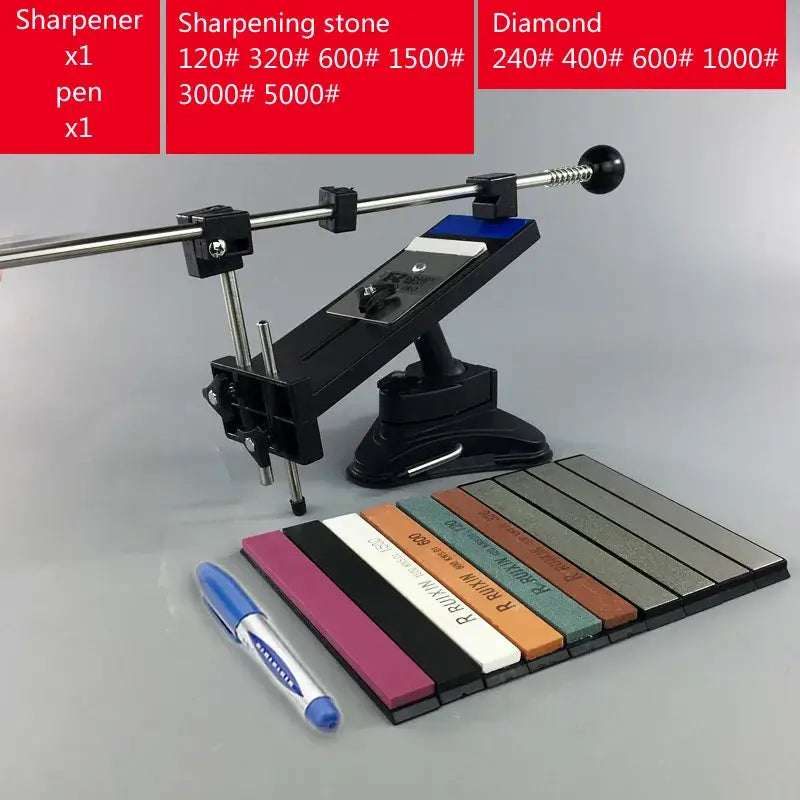 Professional black and silver decorbites knife sharpener with metal blade, blue base, and colorful stone bars grinders