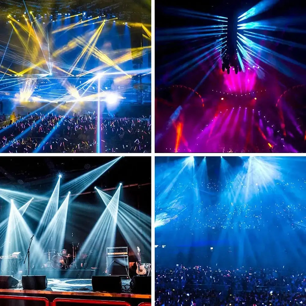A professional black spot moving head stage light by decorbites big dipper illuminating a vibrant concert stage with colorful beams