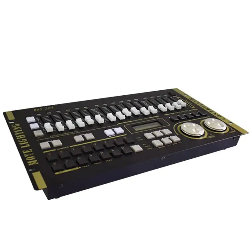 Professional black and white dmx max lighting controller with gold and black max 304 console and white knobs sliders buttons