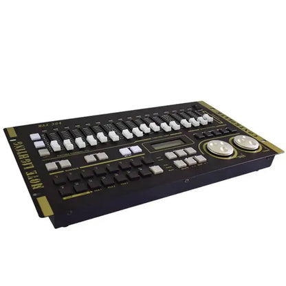 Professional black and white dmx max lighting controller with gold and black max 304 console and white knobs sliders buttons