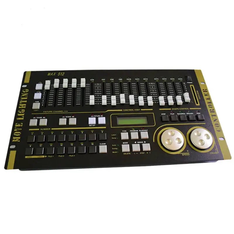 Professional black and gold dmx max lighting controller with multiple sliders buttons and dual jog wheels for stage control