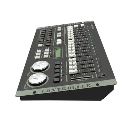 Professional black and silver dmx max lighting controller with multiple faders knobs buttons and small digital display for stage control