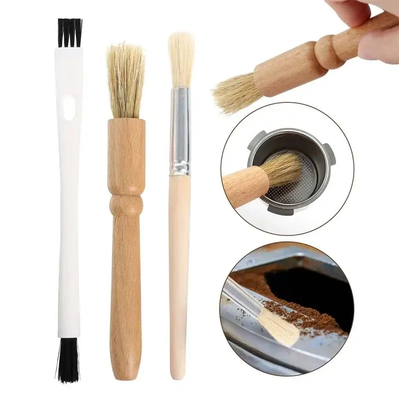 Professional coffee machine cleaning brush set with wooden handles natural bristles and a white plastic precision brush handle