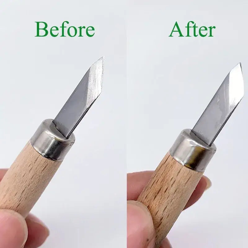 A wooden-handled carving knife with a sharp metallic blade and silver ferrule shown with a decorbites knife sharpener set