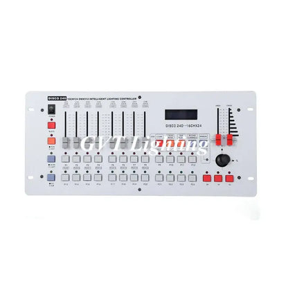 Professional white and black stage light console with digital display sliders and buttons for event room lighting control