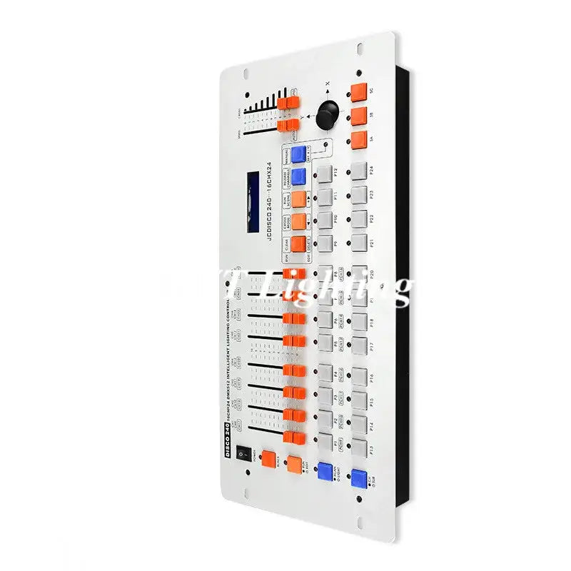Professional white and black stage light console with orange and blue knobs sliders and buttons for event room use