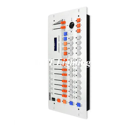 Professional white and black stage light console with orange and blue knobs sliders and buttons for event room use