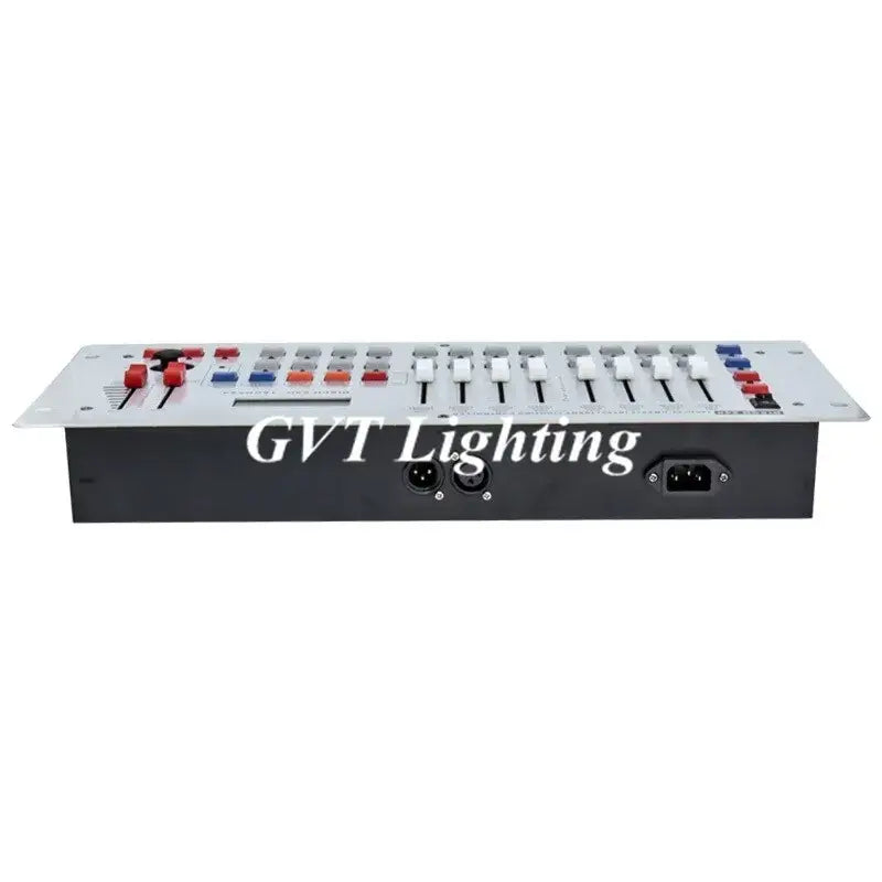 Professional white and black stage light console with colorful buttons white faders and multiple ports for event room use