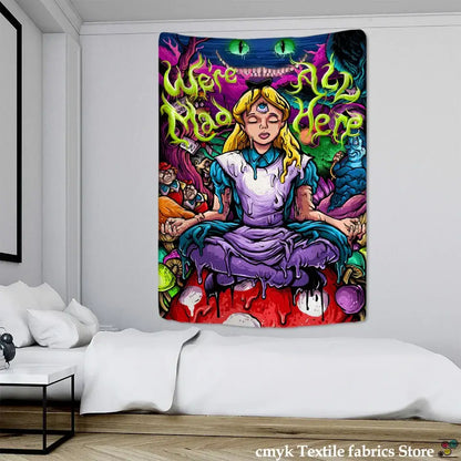 Vibrant psychedelic anime girl tapestry wall hanging with alice in wonderland meditating on a mushroom decorbites anime girl