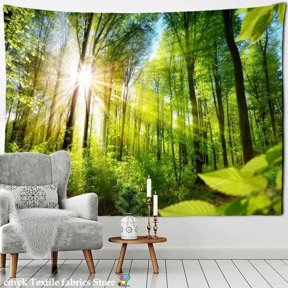 A vibrant decorbites bamboo forest pigeon tapestry with sunlit green trees and golden light for bedroom wall decor