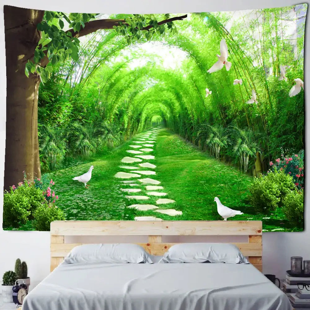 Psychedelic bamboo forest pigeon path tapestry featuring vibrant green decorbites bamboo forest and white doves hanging above bed