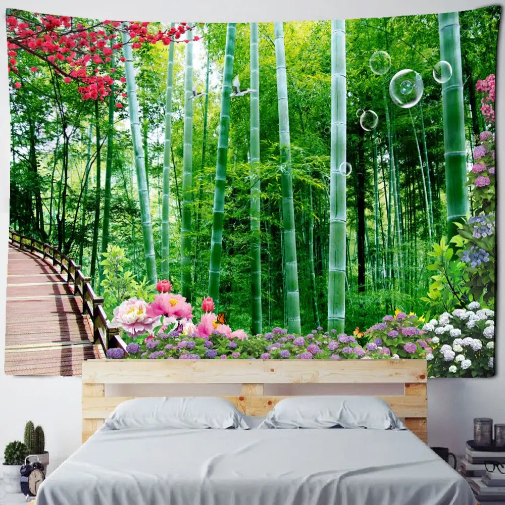 Psychedelic bamboo forest pigeon path tapestry with vibrant pink purple flowers green foliage and floating bubbles decorbites bamboo forest wall decor