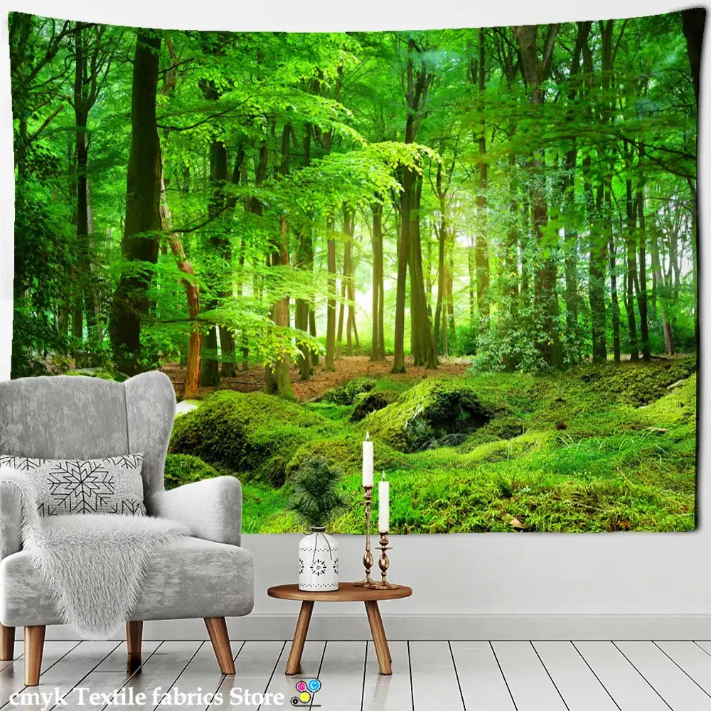 Soft fabric tapestry featuring vibrant green decorbites bamboo forest pigeon path with tall trees and mossy ground decor