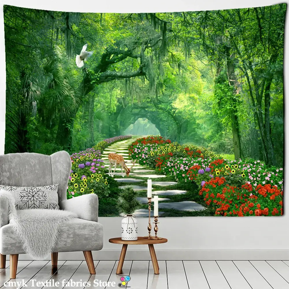 Psychedelic bamboo forest pigeon path tapestry featuring vibrant green decorbites bamboo forest with deer and flowers