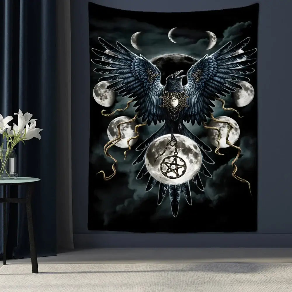 Black tapestry featuring a detailed gold condor with moons and ornate accents for decorbites condor moon bedroom decor