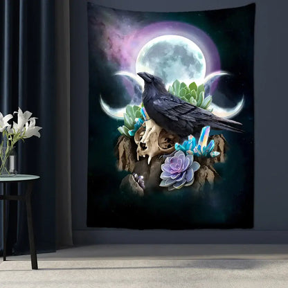 Psychedelic black and gold condor moon universe tapestry featuring a black crow on a skull with succulents for decorbites condor moon decor