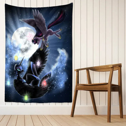 A dark blue starry moon universe tapestry with two my little pony characters and glowing gems for decorbites condor moon decor