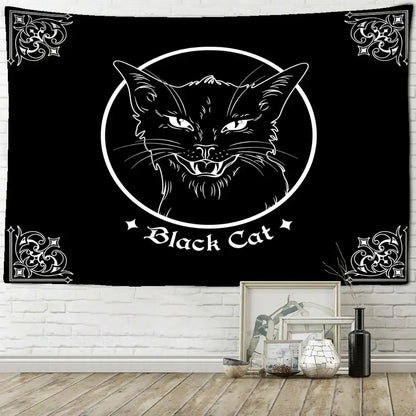 Psychedelic black cat wall hanging tapestry with white line-art angry feline head and decorbites black cat text