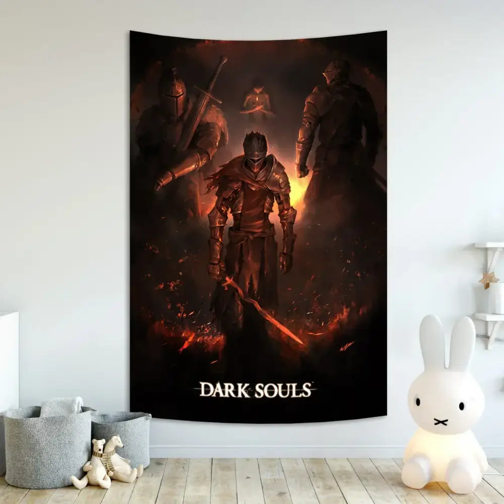 Dark souls-themed psychedelic blue wall tapestry featuring armored warriors and bold white lettering for decorbites dark souls decor