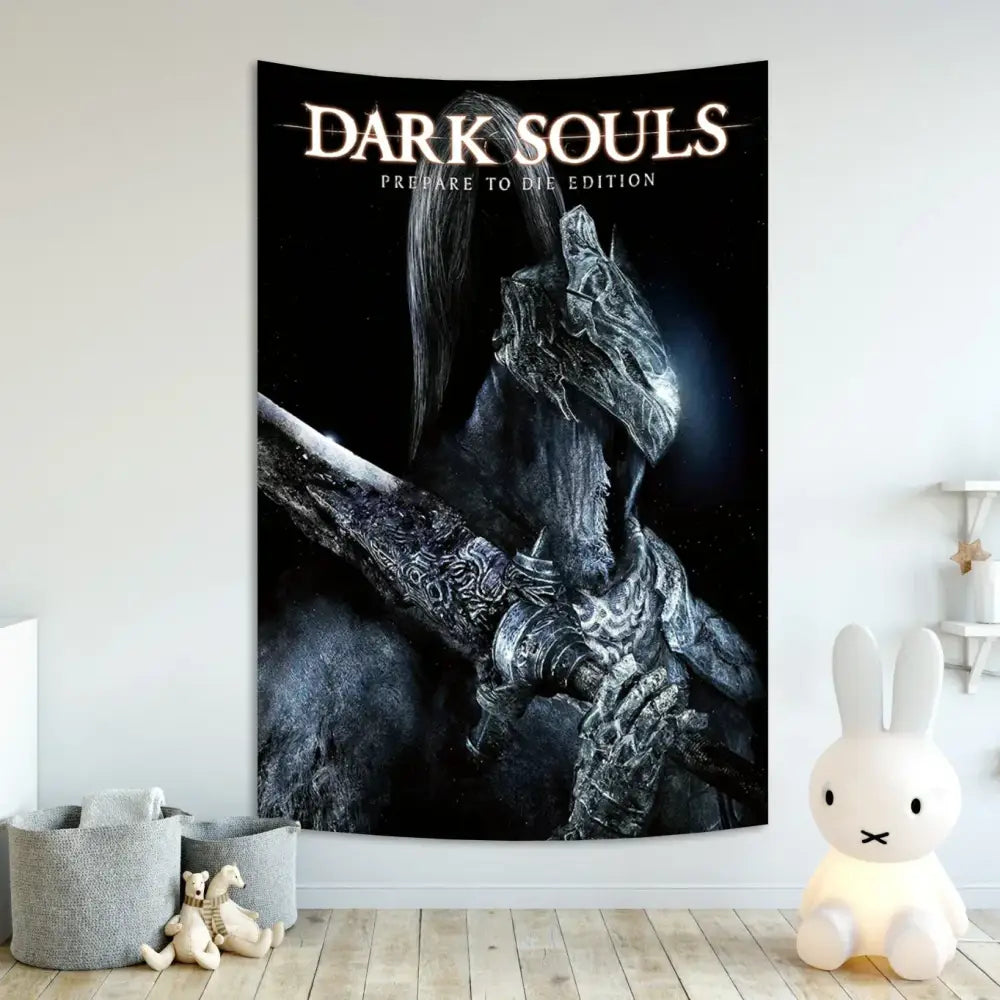 Black and gray dark souls prepare to die edition tapestry with armored warrior for decorbites dark souls bedroom wall decor