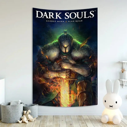 Dark souls-themed wall tapestry by decorbites featuring an armored warrior in green and orange for bedroom decor