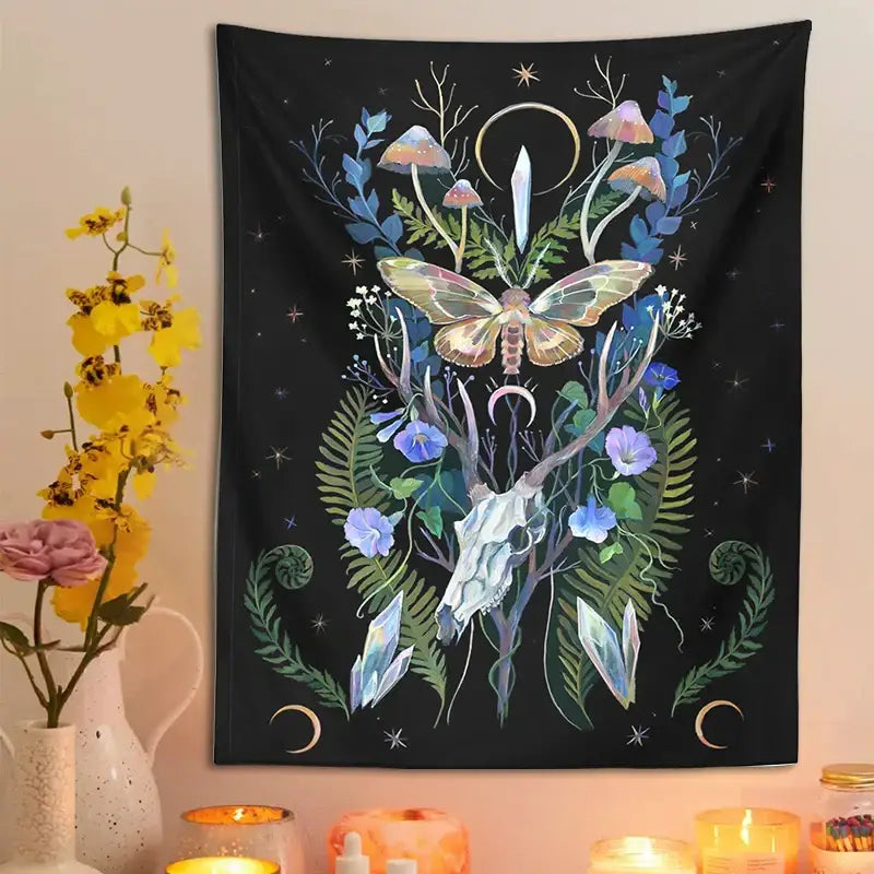 Black tapestry featuring a colorful psychedelic deer skull mushroom design with crystals and foliage for bedroom decorbites deer skull wall hanging
