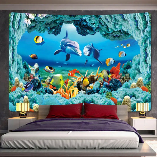 Psychedelic dolphin underwater coral reef tapestry by decorbites features vibrant dolphins and colorful coral for bedroom decor