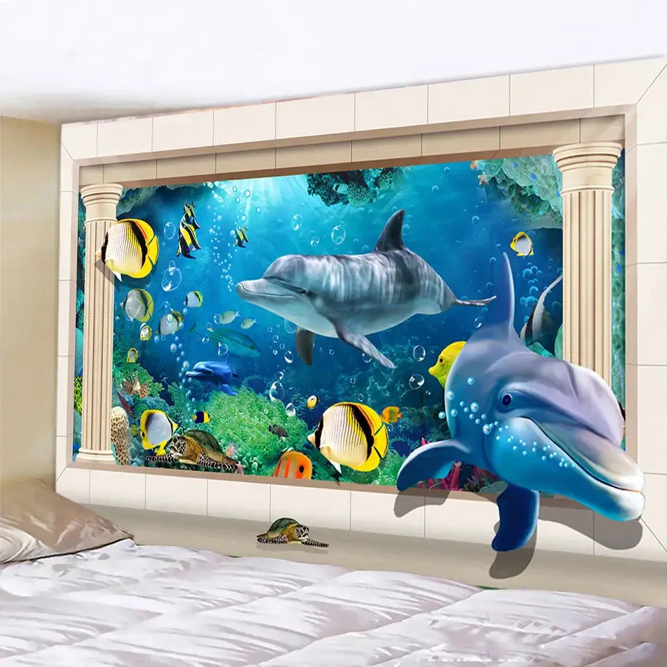 Vibrant decorbites dolphin psychedelic tapestry with blue dolphin and colorful coral reef for bedroom wall decor