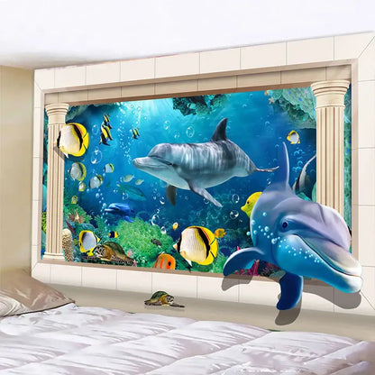 Vibrant decorbites dolphin psychedelic tapestry featuring a blue dolphin and colorful coral reef for bedroom wall decor