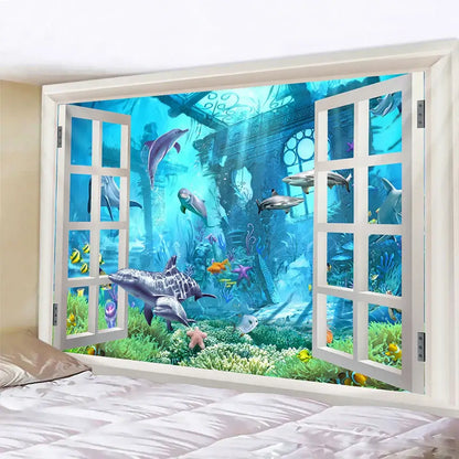 Psychedelic dolphin underwater coral reef tapestry featuring dolphins sharks and coral framed by a white window design decorbites dolphin psychedelic