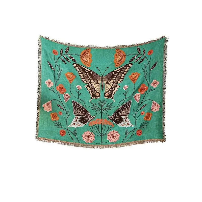 Teal ethnic tapestry sofa throw blanket with embroidered orange pink brown butterflies and flowers and fringed edges