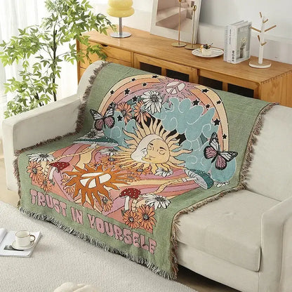 Soft green ethnic tapestry sofa throw blanket with psychedelic suns butterflies flowers mushrooms and pink trust in yourself text
