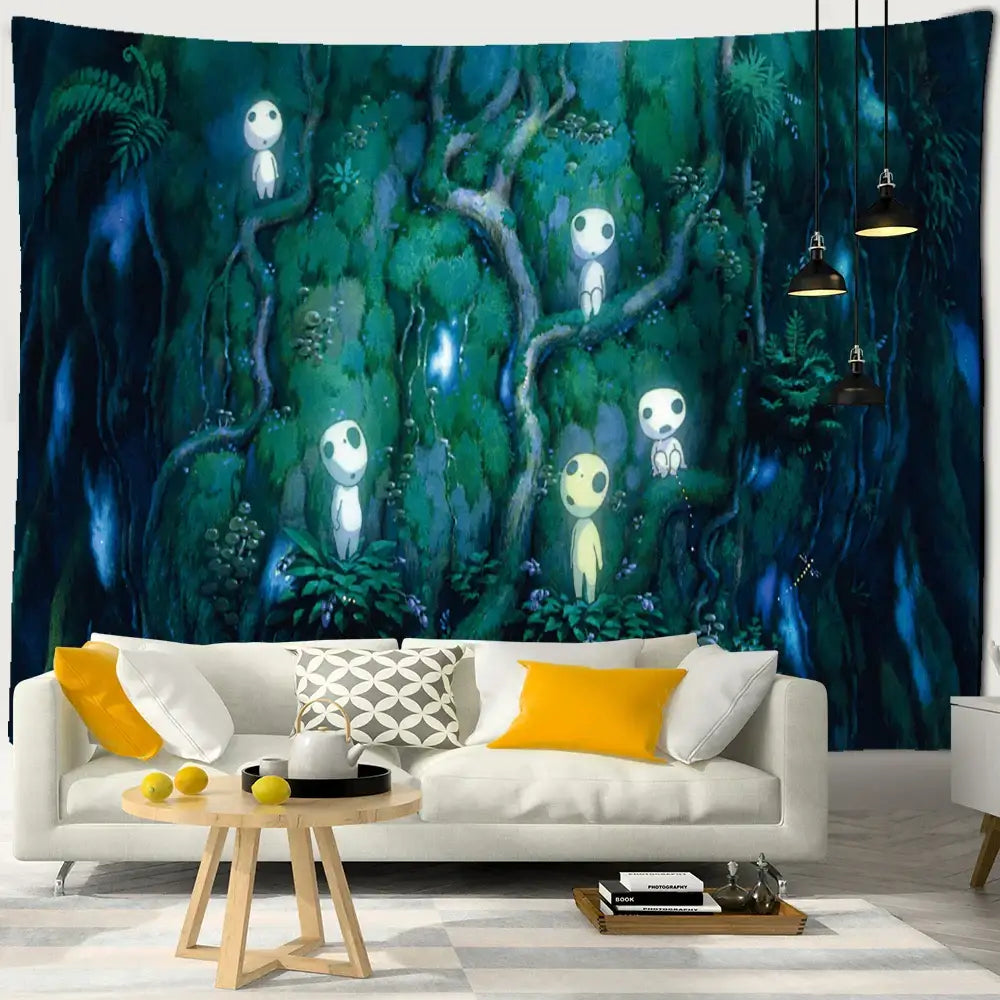 Psychedelic gold peacock cute skeleton tapestry with vibrant green and blue forest decorbites cute skeleton wall hanging