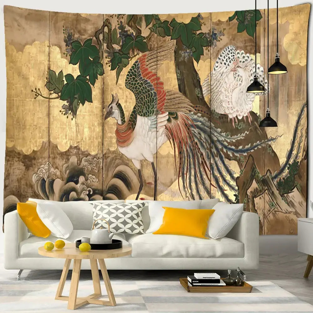 Gold-toned decorbites cute skeleton tapestry featuring two peacocks with detailed feathers for bedroom wall hanging